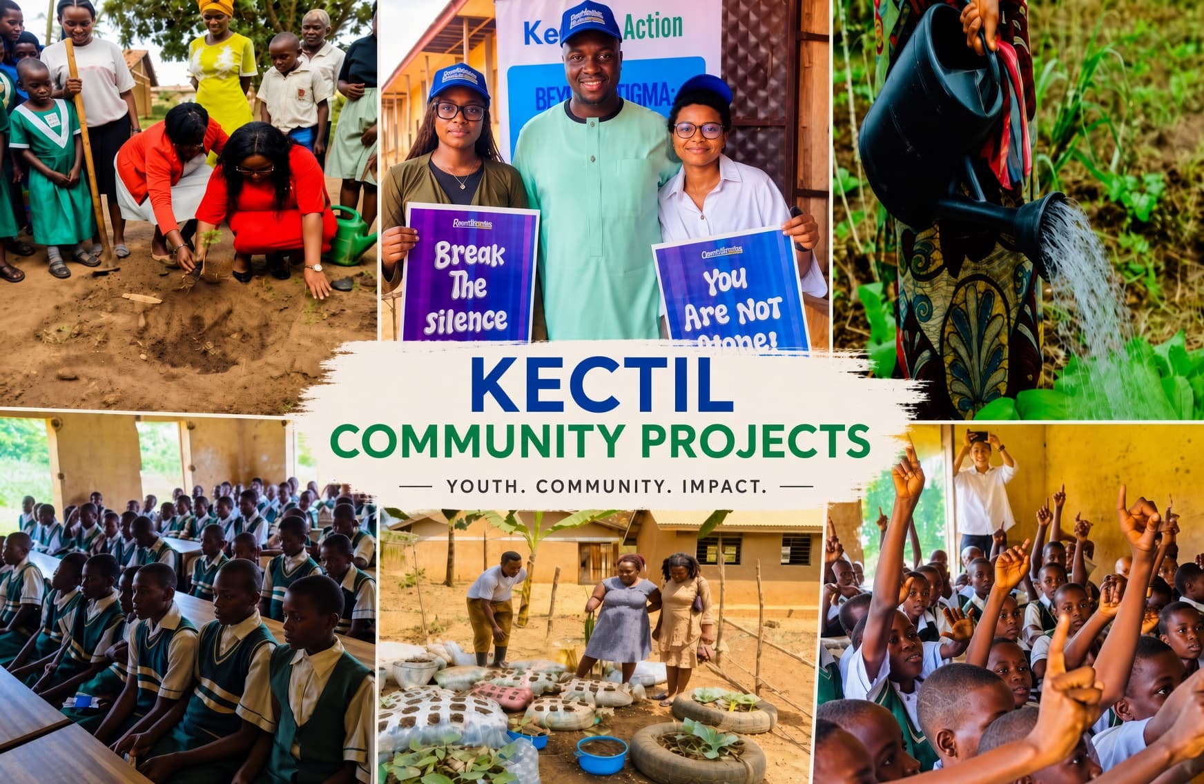 Kectil Community Projects collage of planting, classrooms, and fellows holding Break the Silence and You Are Not Alone signs.